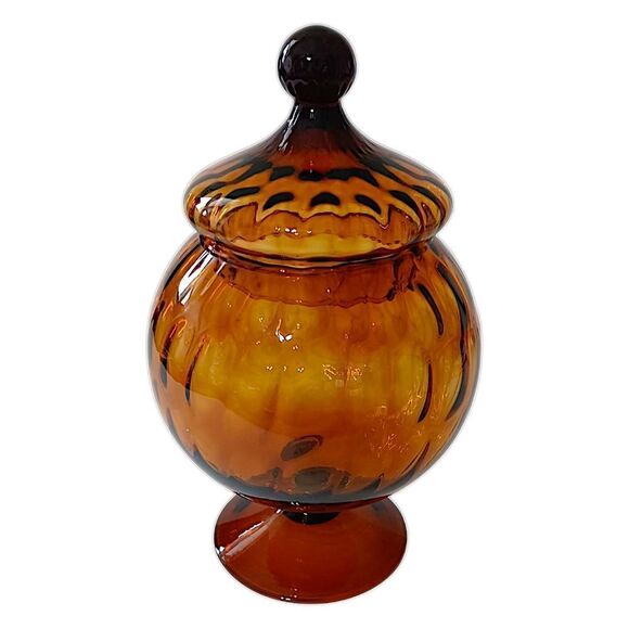 Empoli Amber Glass Candy Dish Lid Apothecary Jar Circus Tent Optic Panel Italy - Picture 11 of 16